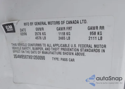 2006 Buick Lacrosse Cxs z USA, uszkodzony, nr VIN 2G4WE587X61250090